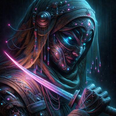 The primary subject of the image is a woman with a sword. She is wearing a hooded outfit and has a sword in her hand. The setting appears to be a dark, possibly futuristic environment. The visual style of the image is digital art, with the woman's outfit and the sword being the main focus. The colors in the image are predominantly dark, with some pink accents, creating a moody and mysterious atmosphere.